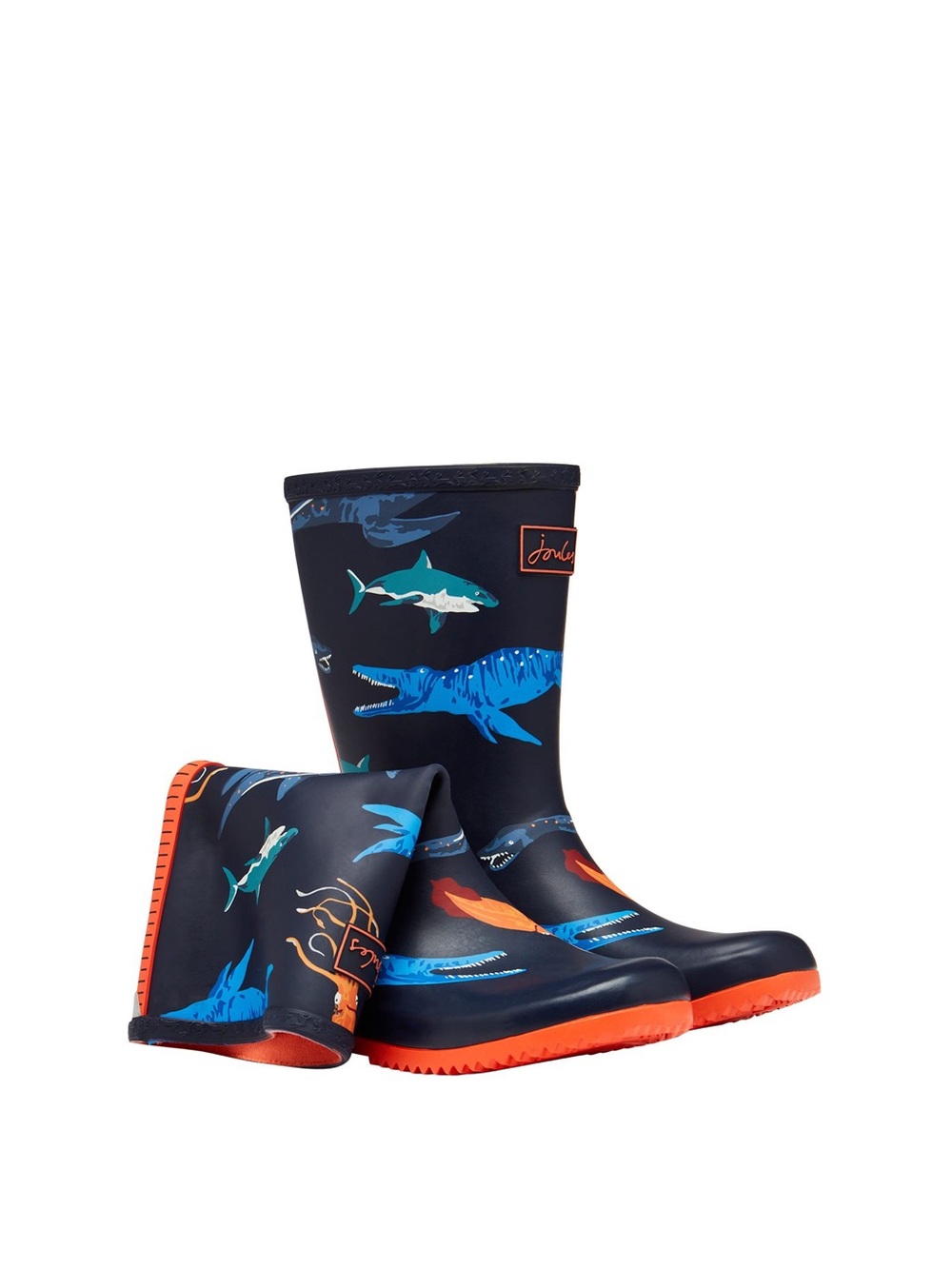 Joules Navy Shark Print Kids Rain & Snow Boots with Orange Soles